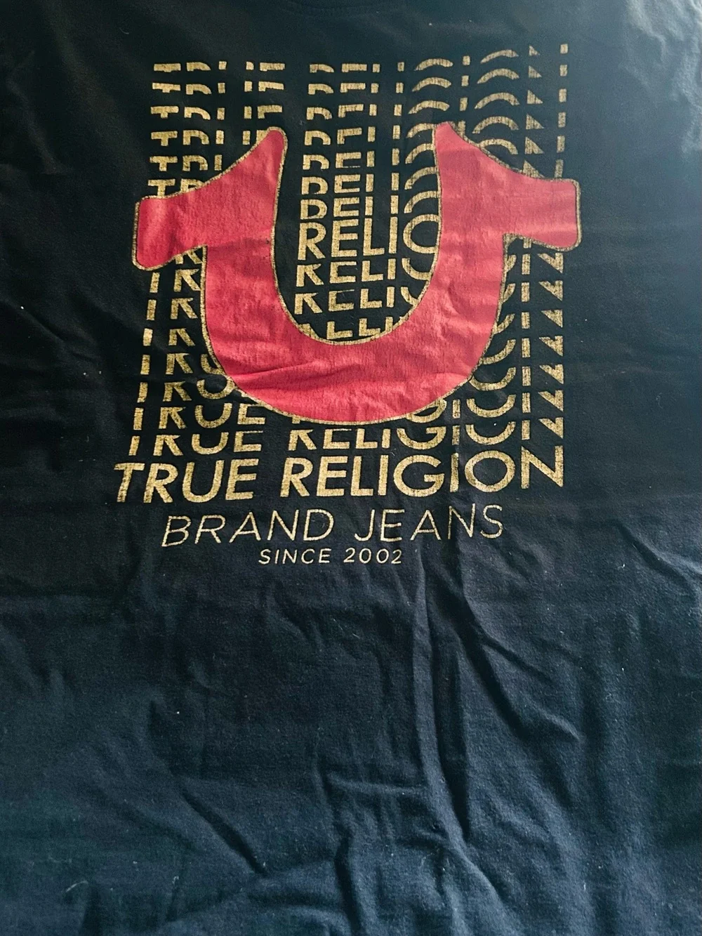 True Religion Black Tee with Pink Horseshoe and Gold Logo